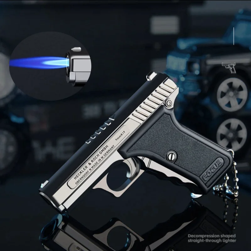 New Metal Mini Inflatable Pendant Lighter Outdoor Gun Shaped Windproof Jet Flame Torch Portable Lighter Men's Smoking Gift