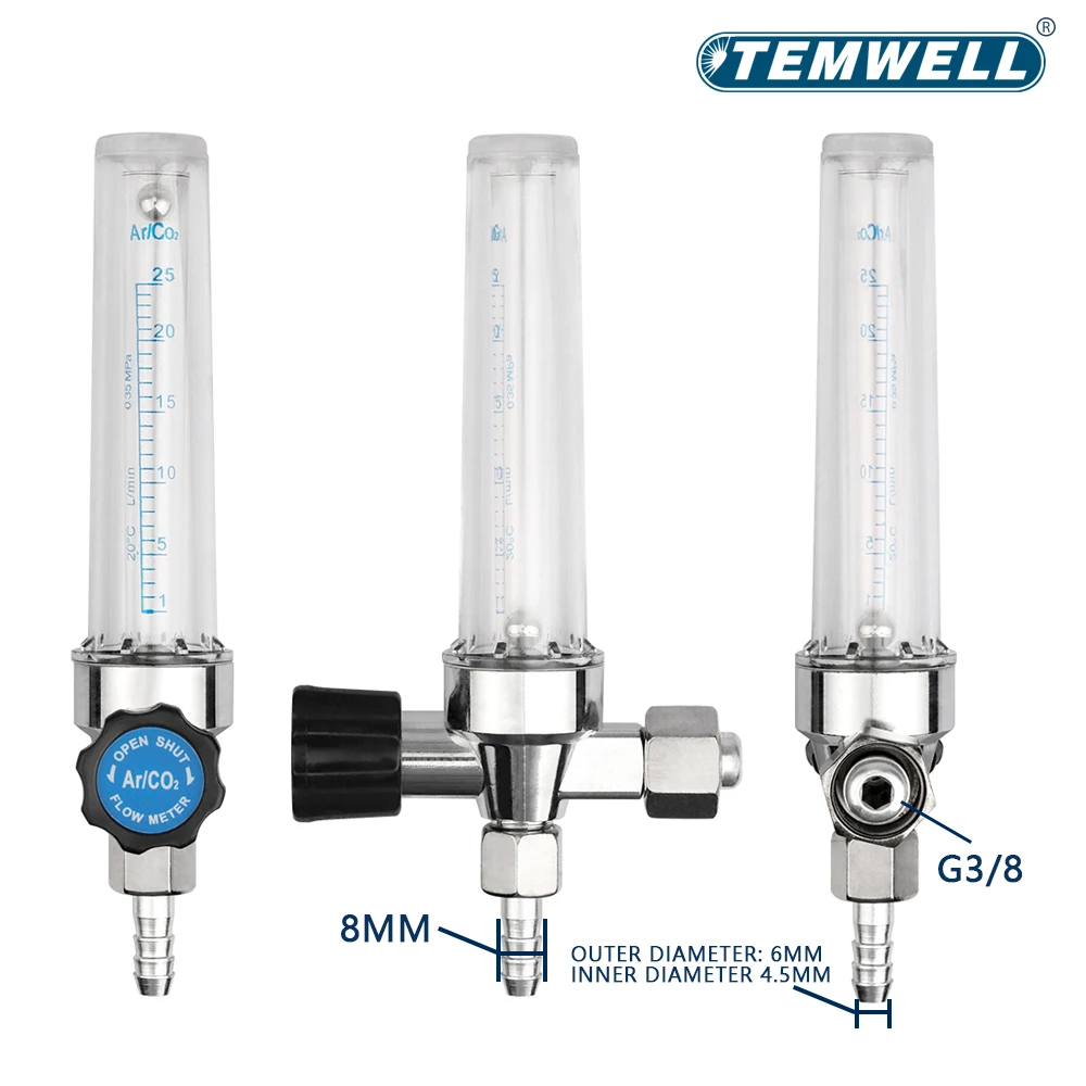 G3/8 Thread 6mm Barb Argon Ar CO2 Gas Flow Meter Ar Welding Regulator 0.35 MP