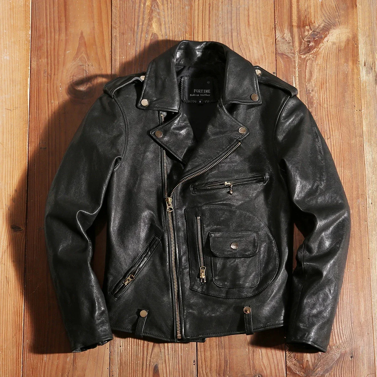 J24 Men's Black Multi Pocket Vegetable Tanned Sheep Leather Motorcycle Jacket Diagonal Zipper Real Vintage Coats for Men