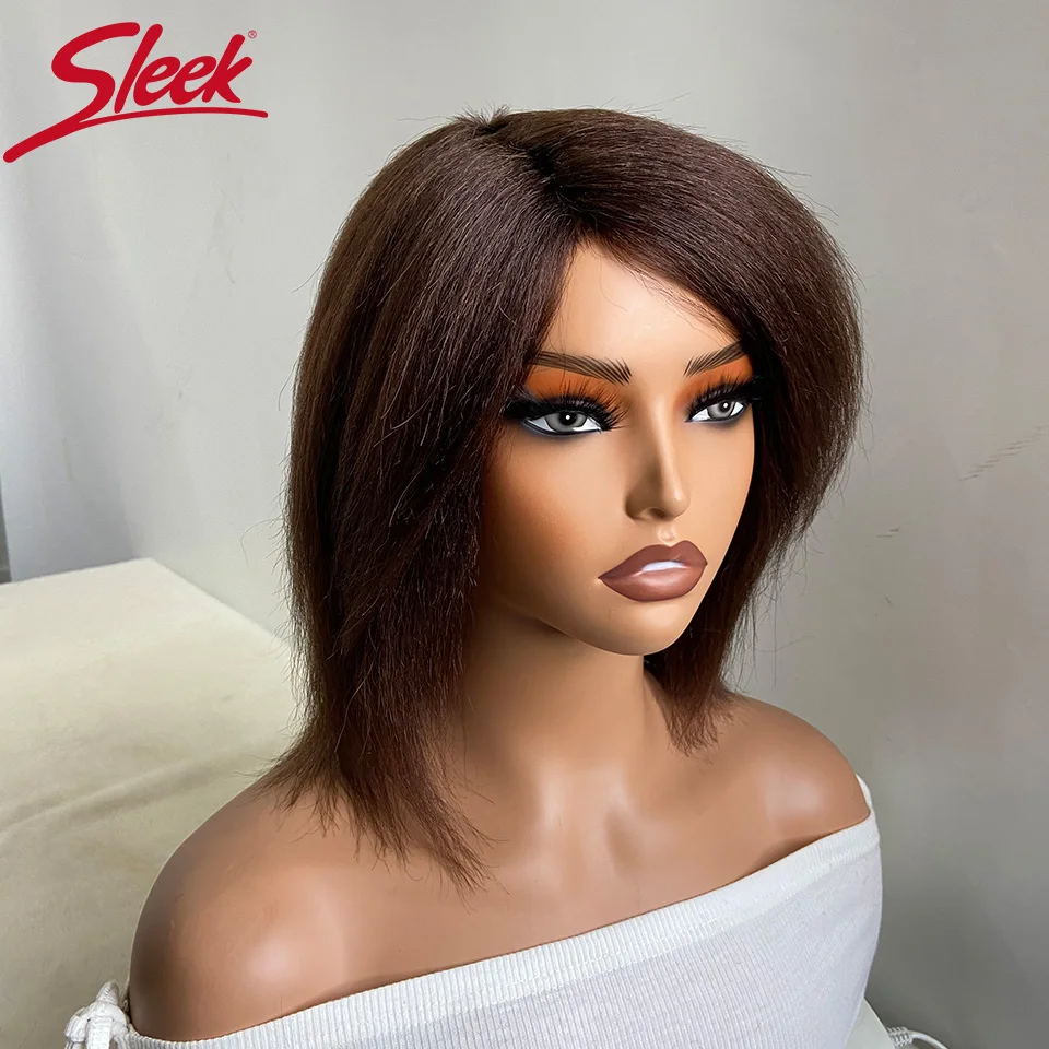 Sleek Short Human Hair Wigs For Women 4# Brown Colored Remy Brazilian Hair Wigs 100% Short Yaki Straight Pixie Cut Wig