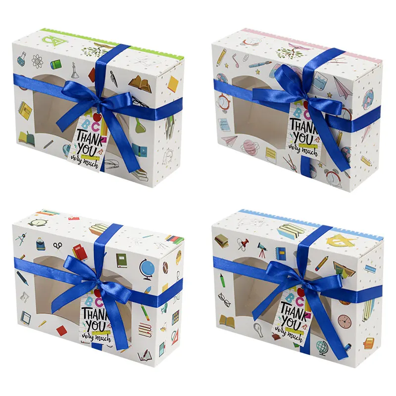 Juego de 4/8 Cajas de Regalo con Ventana y Listón, Cajas de Regalo para Fiestas Escolares, Cajas de Regalo para Maestros