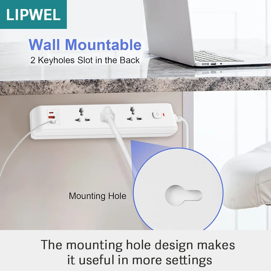 شريط طاقة آمن LIPWEL مع منافذ USB، توافق المكونات العالمية (المملكة المتحدة/الاتحاد الأوروبي/الولايات المتحدة/الاتحاد الأفريقي)، شريط طاقة قابل للتركيب على الحائط بقدرة 3250 وات للمنزل #2