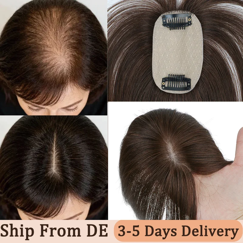Premium Echthaar-Toupets, unsichtbares, ultra-atmungsaktives Spitzendesign, 5x9cm Größe, 2 sichere Clips, 20CM 25CM 30CM, natürliche, realistische Haarverlängerung, Abdeckung für weißes Haar,