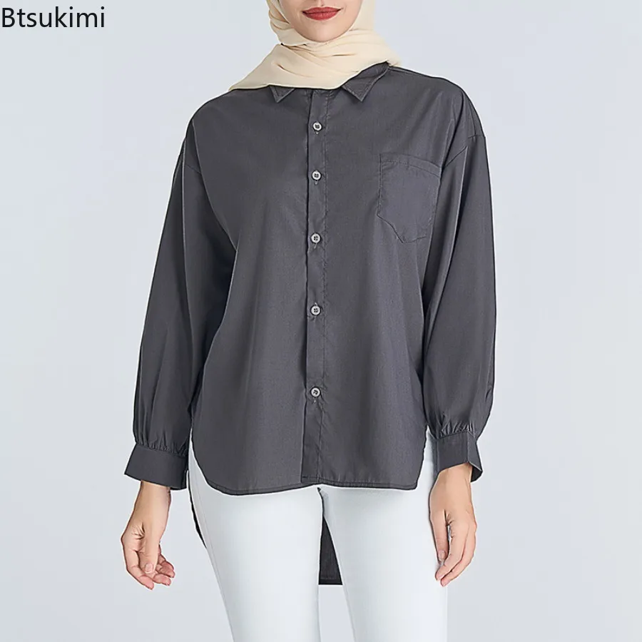 

Fashion New Women Muslim Abaya Blouse Casual Office Ladies Style Solid Shirts 2024 Women Basic Long Sleeve Tops Camisas Feminina