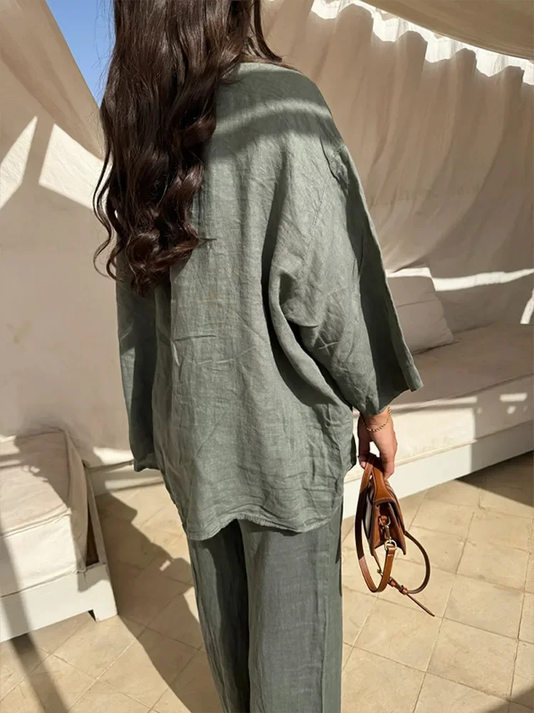 Women Green With Pocket Shirt Pants Sets Fashion Solid Long Sleeves Loose Tops Wide Leg Pant Outfits 2024 Causal High Streetwear