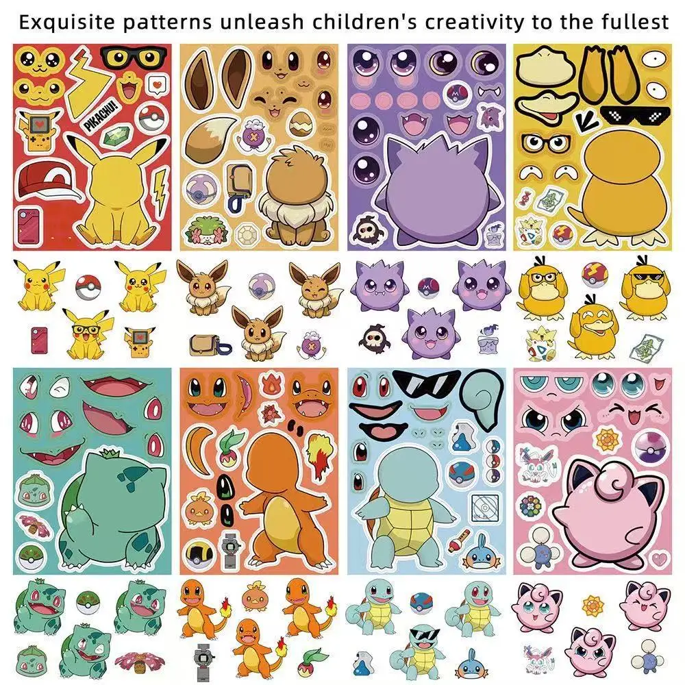 8 Vellen Anime Pokemon Cartoon Puzzel Stickers Pikachu Kinderen Maken Een Gezicht DIY Speelgoed Grappig Monteren Jigsaw Kids Jongens meisjes Party