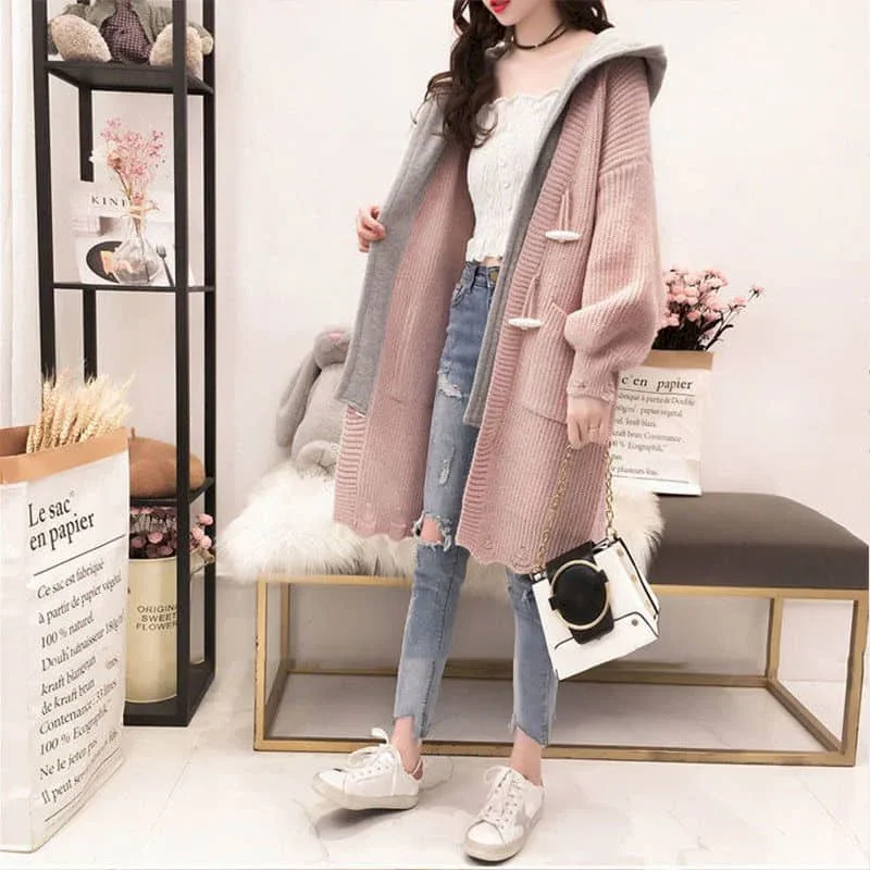 

Sweaters Knitted Cardigans for Women Loose Casual Vintage Oversized Hooded Patchwork Coats Korean Style Long Sleeved Women Tops