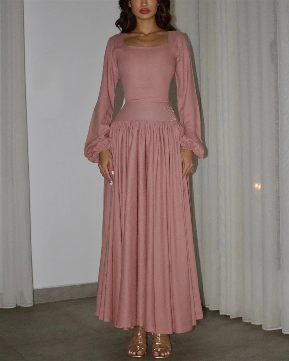 

Customized Graceful Pink Jersey Evening Dress Simple Square Collar Off the Shoulder Long Sleeves Prom Dress Formal Par