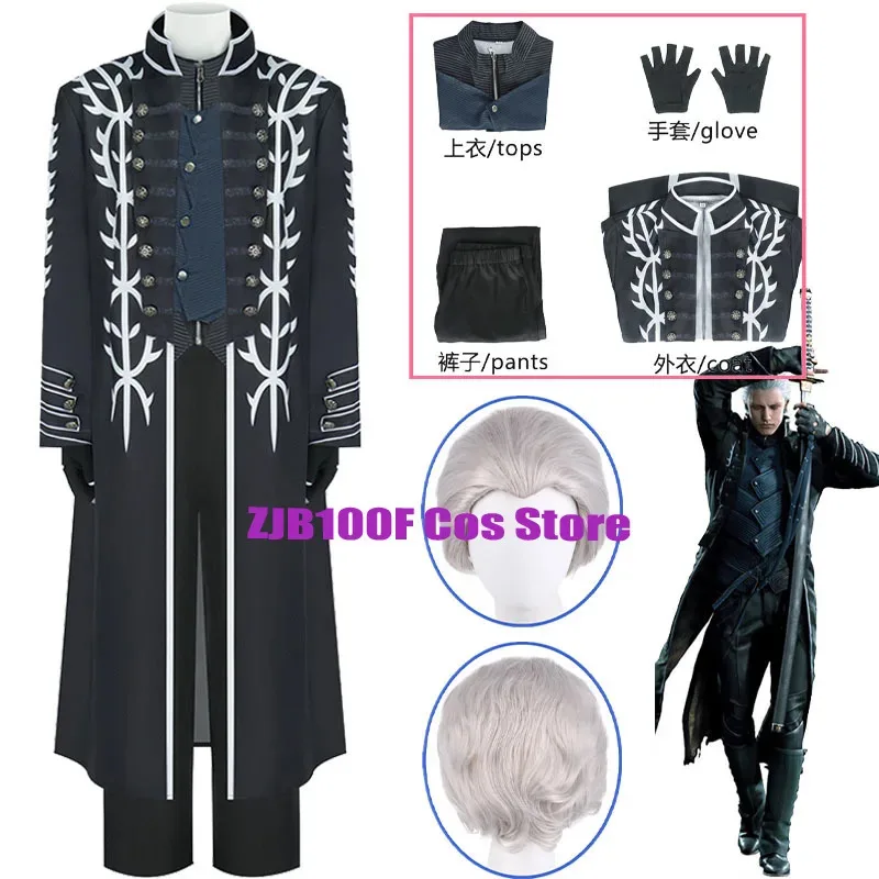 ZJB Vergil juego de Cosplay Demon Cosplay hombre Dark Slayer negro gabardina larga uniforme traje con peluca accesorio de juego para hombres