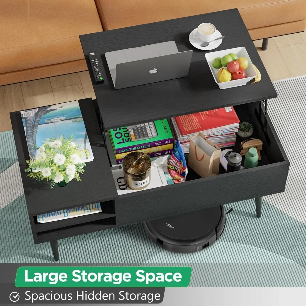 Table basse relevable avec rangement réglable et compartiment caché, petite table basse en bois, table centrale