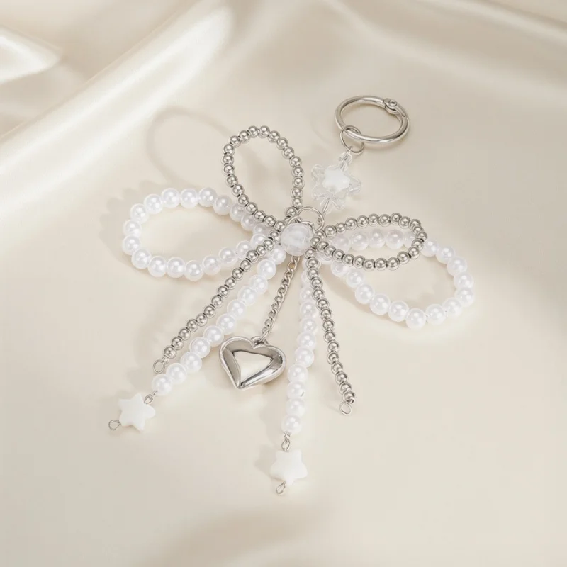New Mobile Phone Case DIY Sweet Pearl Bow Keychain Phone Pendant Keyring Y2K Aesthetic Holder for Girl Bag Pendant Accessories