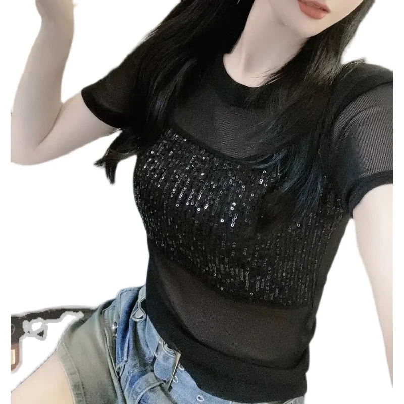 Summer 2024 Glittery Me Svel Top Women\'s Slim Fit ort Sve T-irt Heavy Embroidery round Ne Korean Sle Commute