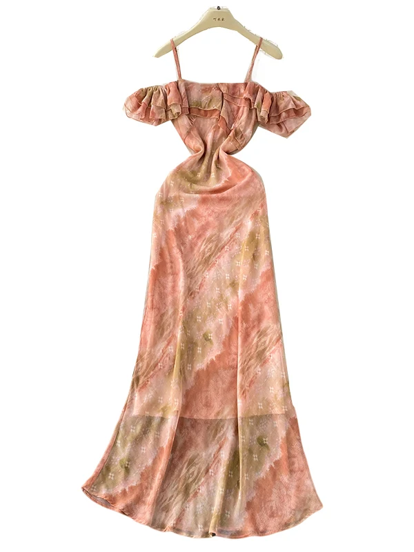 ชุดเดรสไหล่เดียวเอเล่พร้อมกระโปรงจีบเอวสูงหางยาว Dr Summer Commute Sle Floral Print เวอร์ชั่นเกาหลี