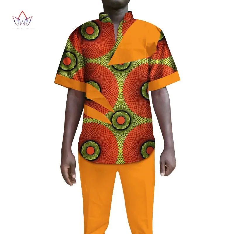 

Bintarealwax 2 Pieces Mens Pants Sets African Clothing Bazin Riche African Wax Print Top and Pants Sets Ankara Clothes WYN104