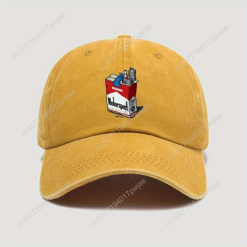 Boné de beisebol amarelo retrô "Motorsport" masculino – ajuste estruturado de poliéster leve com aba curvada, chapéu esportivo casual para Spri