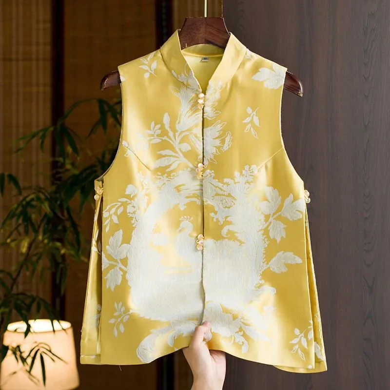 Chinese Style Phoenix Jacquard Vest Women Stand Collar Sleeveless Loose Waistcoat