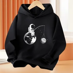 Spring Autumn Boys 2-14Year Cartoon Space Astronaut Fishing The Moon Long Sleeve Hoodie Children Funny Tops Kids Fashion Coat