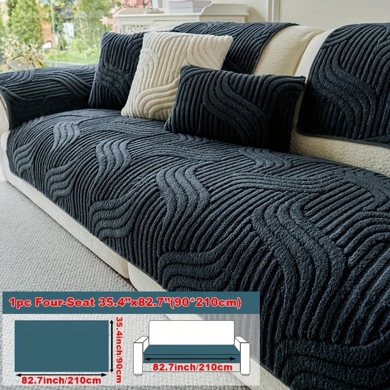 1pc Plush Non-slip Sofa Cushion, Wave Pattern Quilted Couch Cover, Pet-friendly Furniture Protector for Living Room Bedroom