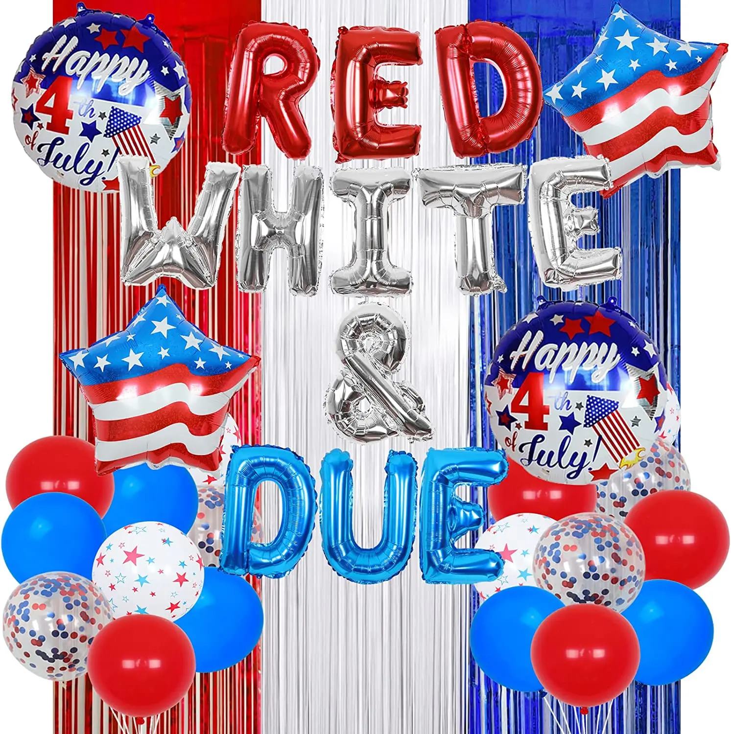 

4th of July Baby Shower Decorations, Red White and Due Balloons, Banner Fringe Curtain, Pregnancy Announcement, Party Supplies