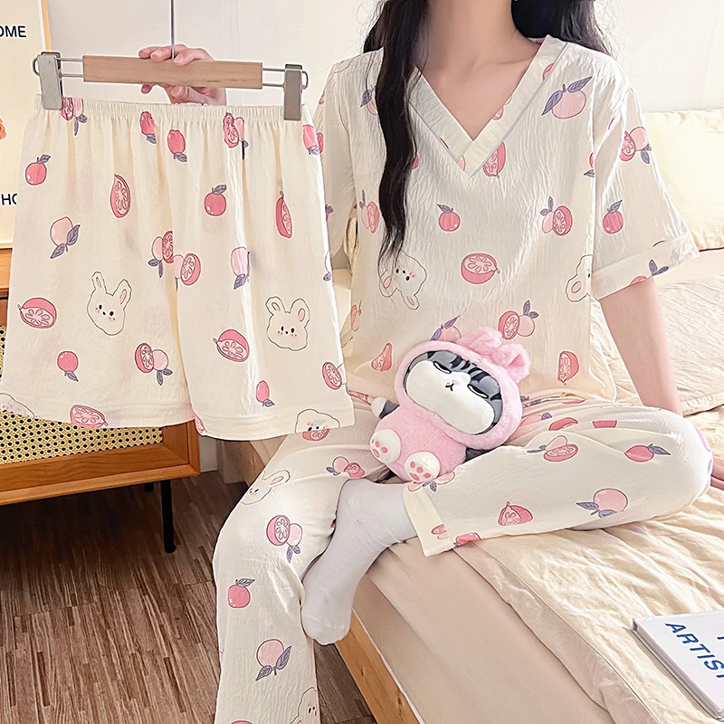 

Summer Short Sleeve Women Pajamas Set Cartoon Sweet Print V Neck Sleepwear Large Size Female Cotton Thin 3 Piece Pyjamas Suit