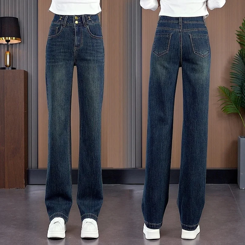 

Женские джинсы Slim Fit с высокой талией и широкими штанинами, осенне-весенние, новые, свободные, винтажные, прямого кроя, длинные брюки