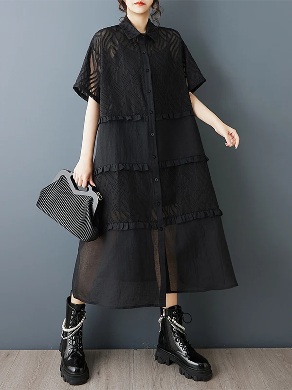 Casual Printed Mesh Splice Oversized Shirt Dress Women's Loose Waist Soft Medium Stretch Short Sleeve  Collar A-Line Skirt