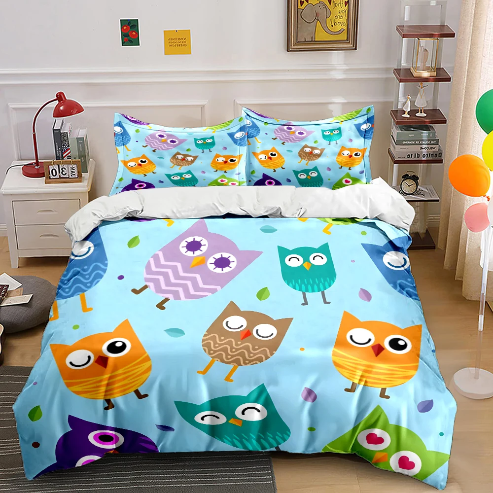 Cartoon owls with colorful background Bedding Set 1 Duvet Cover 2 Pillowcases for Adult and Children Luxury Gift Full Size