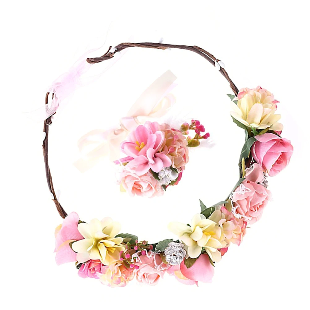 

Bachelorette Party Simulated Rose Wreath Bracelet Set Head Bands Floral Headband Bride
