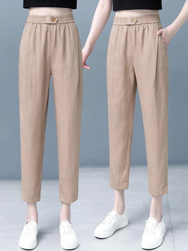

Summer Thin Linen Women's Pants High Waist Loose Casual Nine Point Carrot Pants Korean Style Commute Wind Loose Fit