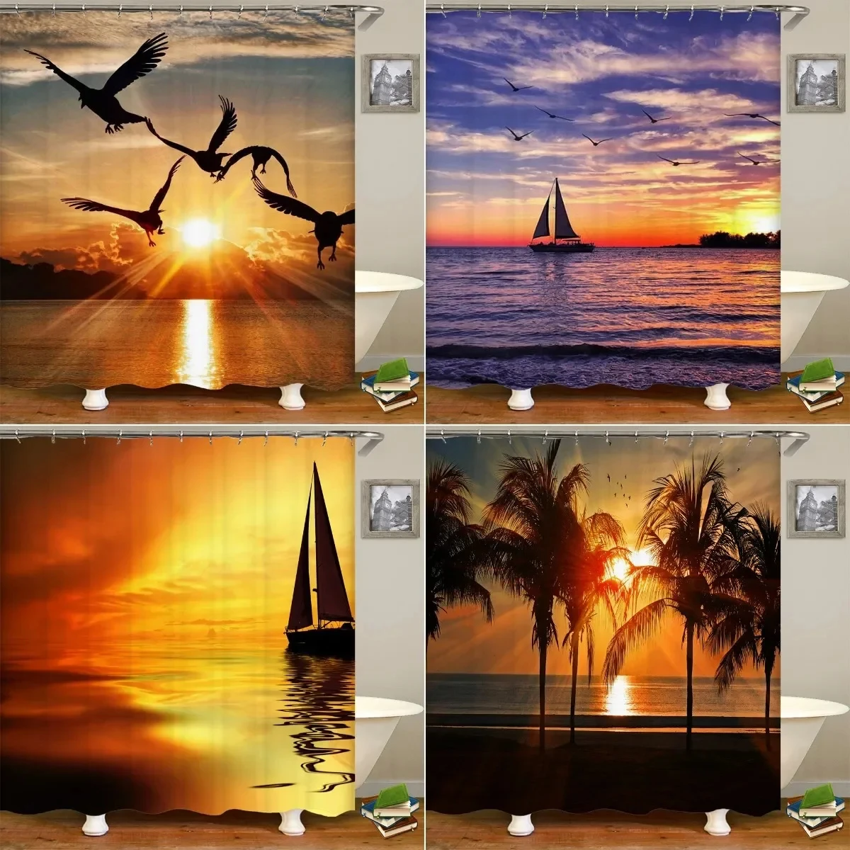 Flying Bird Sailboat Sailing At Sea Dusk Shower Curtain Sunset Landscape Bathroom Waterproof Fabric Fantasy Sea View Bath Decor