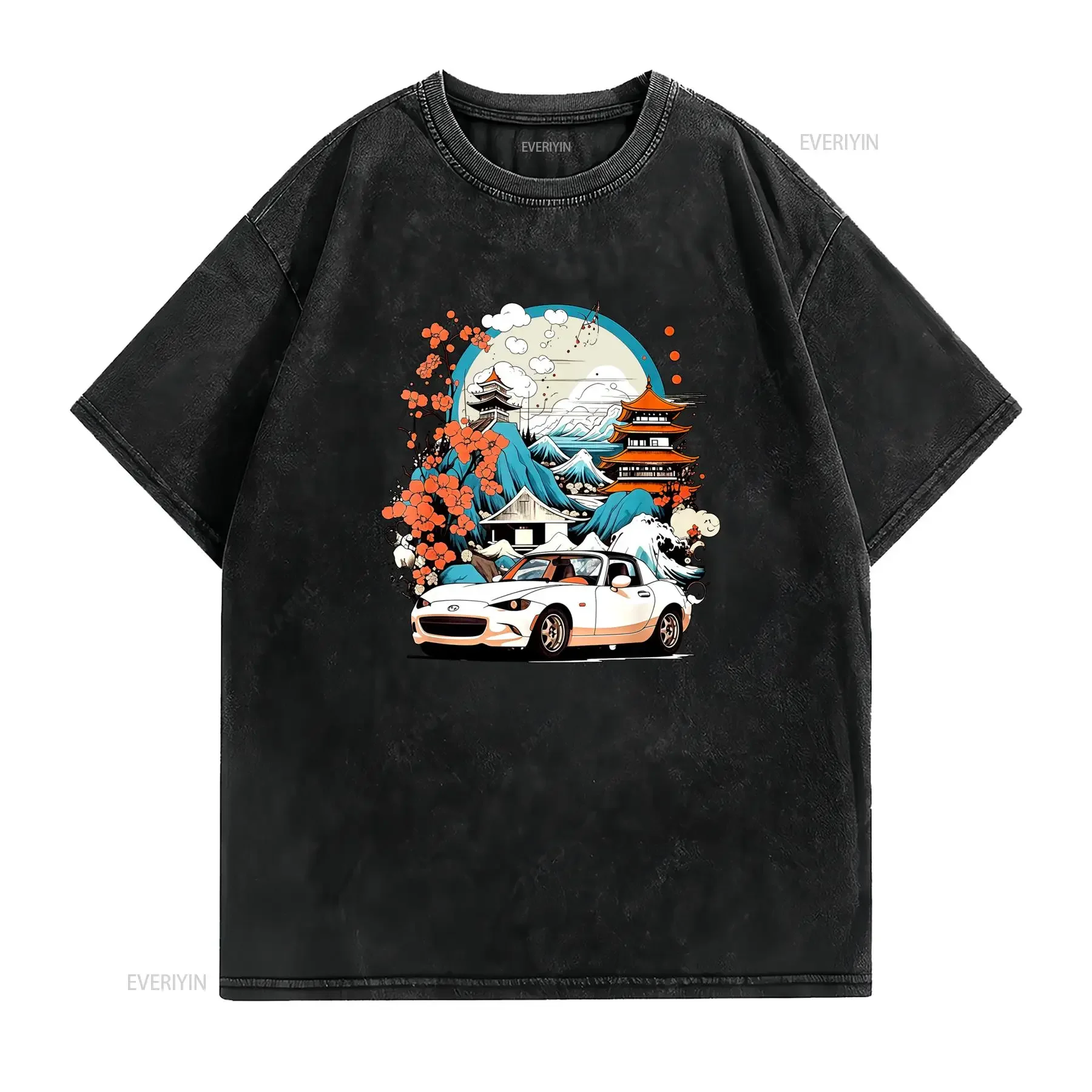 Camiseta para hombre entusiasta de coches JDM con diseño pagoda y flor cerezo japonés blanca MX 5 casual cuello redondo