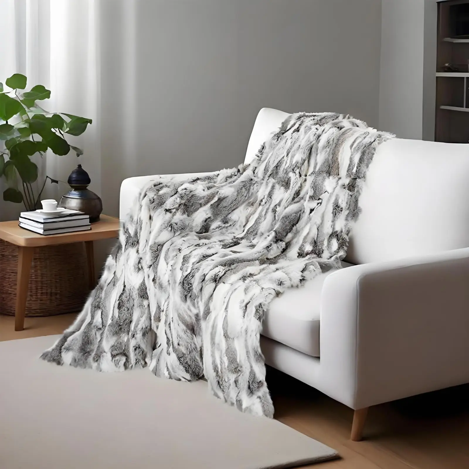 Luxury Rabbit Fur Throw Blanket for Couch Ultra Soft Plush Rabbit Hide Skin Leather Blanket Warm Fluffy Pelt Throw for
