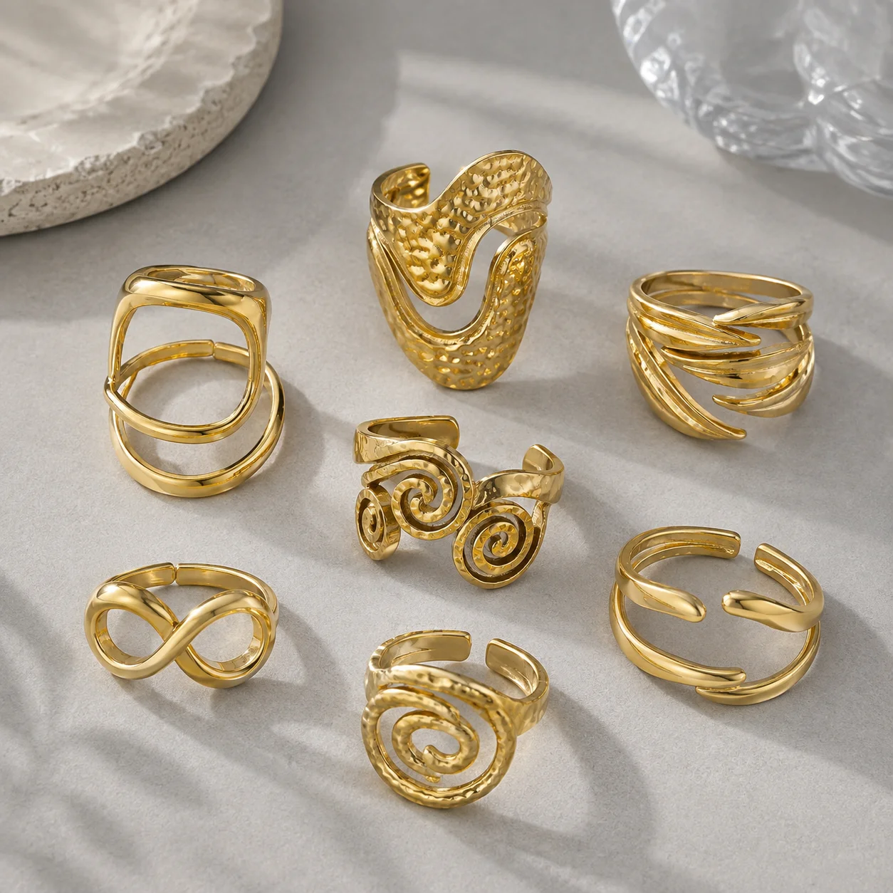 Statement Stainless Steel Rings for Women Gold Tone Abstract Sculptural Open Rings Multiple Styles Irregular Fashion Jewelry