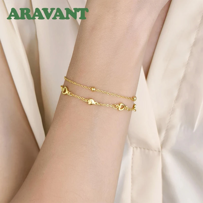 Aravant 925 Silver 18K Gold Double Layer Bracelet Chains For Women Girls Fashion Jewelry