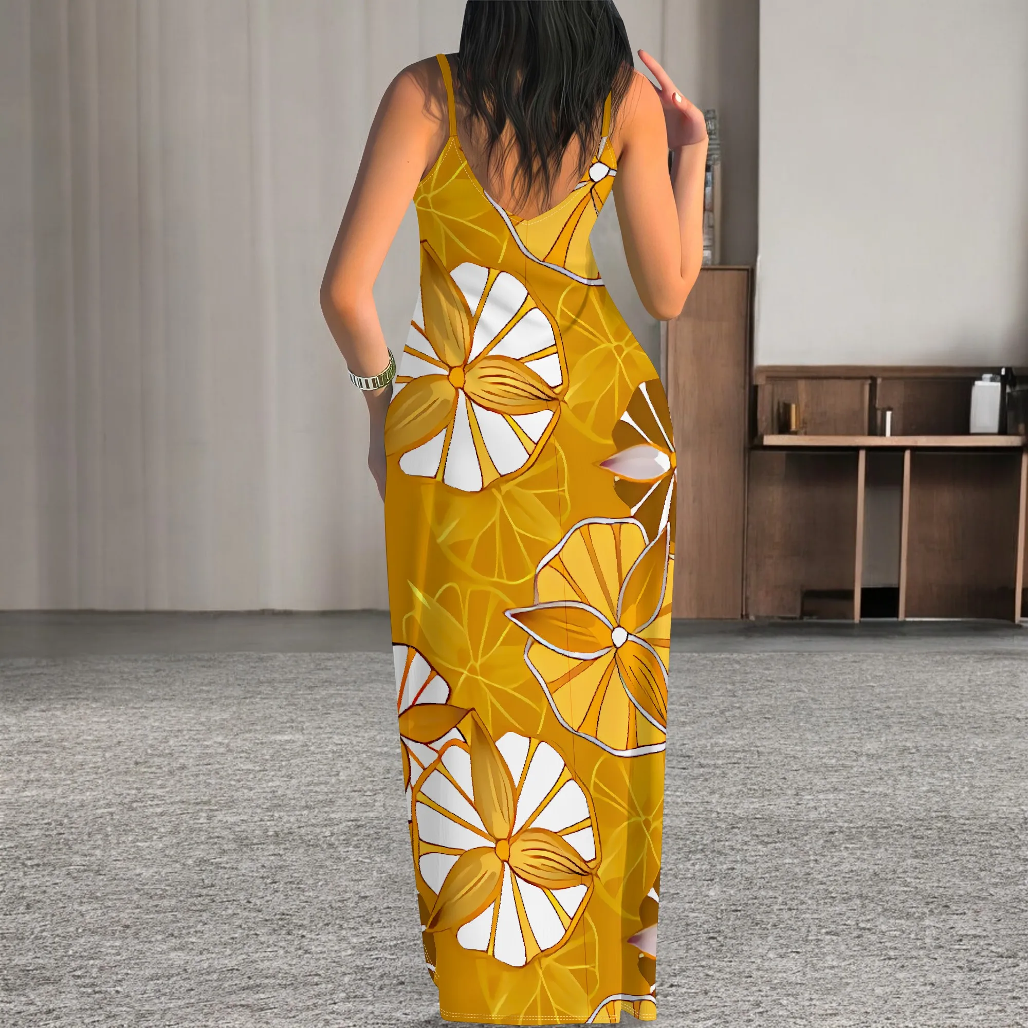 Boho Spaghetti Strap Maxi Dress Women Yellow Floral Print Vacation Sleeveless Sundress
