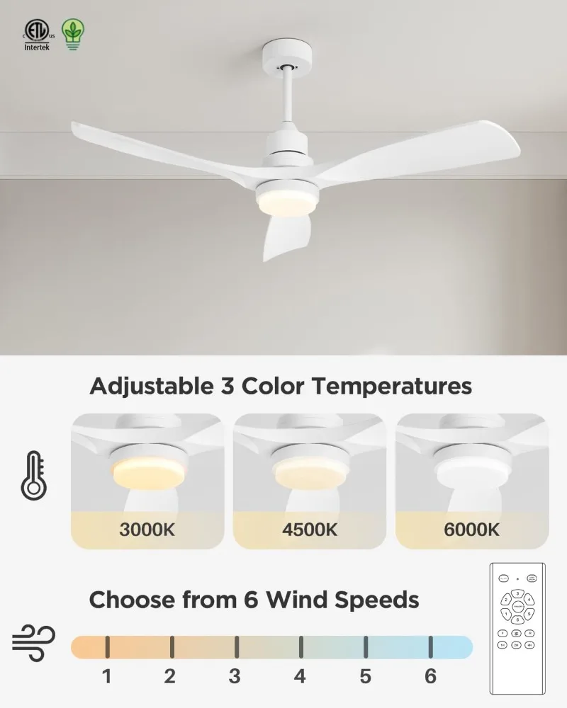 Ventilatori da soffitto da 52 pollici con luci remote, ventilatori da soffitto bianchi 3 temperature di colore, timer, elencati ETL, 3 aste interrate, 3 pale, 6 velocità