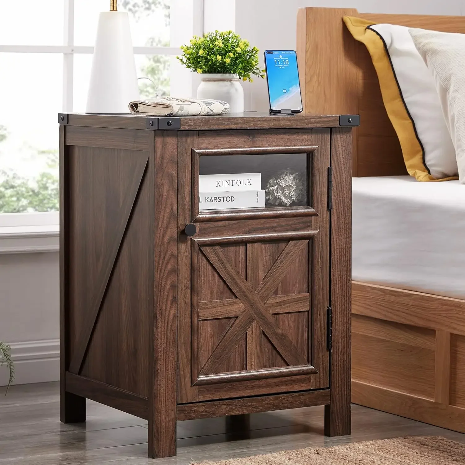 End Table with Charging Station, 18'' Rustic Nightstand with Barn Door & Adjustable Shelf, Wooden Sofa Side Table with 3-Tier St