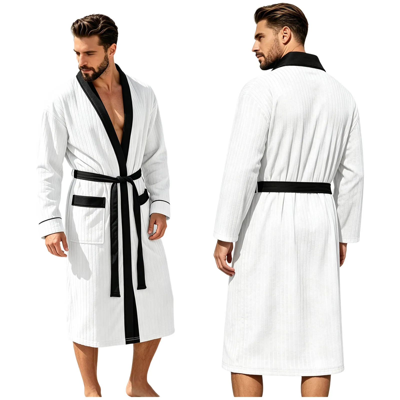 Men Knit Robe Summer Swim Pool Quick Drying Bathrobe With Belt Robes Contrasting Color Long Bathrobe Night Robe Male Loungewear