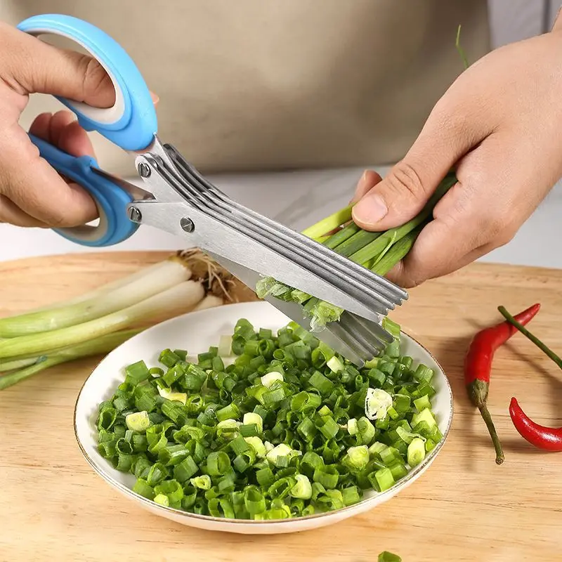 Multifunctional Five Layers Scallion Cut Straight Stainless Steel Cutting Pepper Cilantro Scallion Seaweed Tool Kitchen Scissors