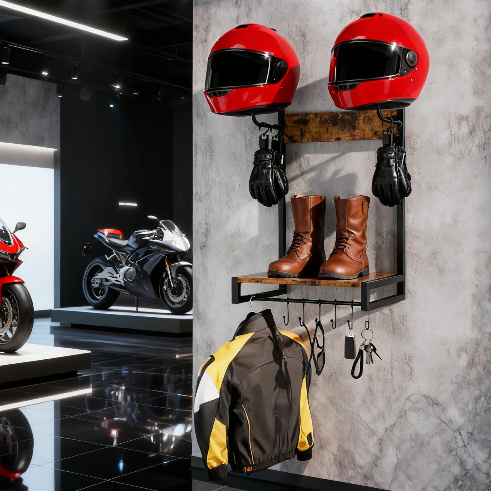 

Деревянная настенная подставка-органайзер для шлема, держатель для мотоциклетных перчаток, полка-вешалка, аксессуары для мотоциклов