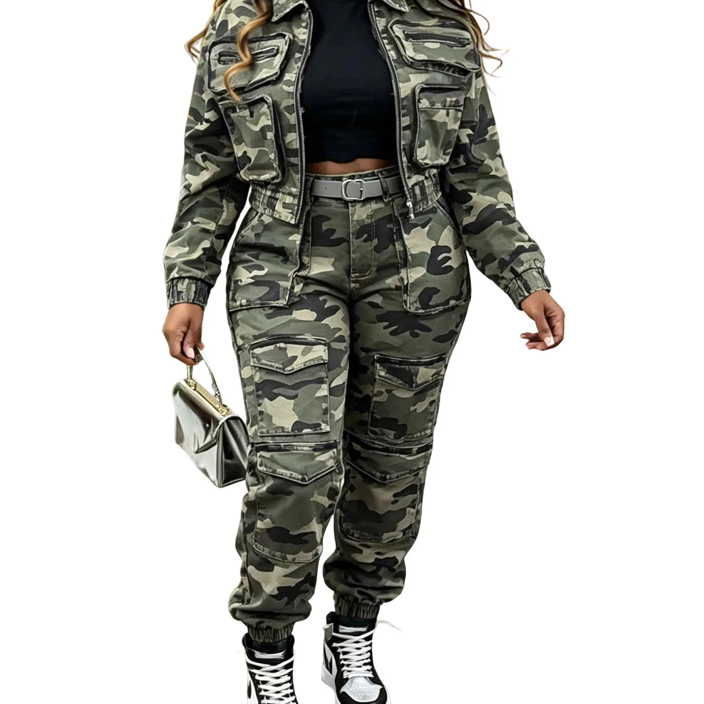 Camo High-Stretch Multi-Pocket Washed Denim Casual Women's Two-Piece Set