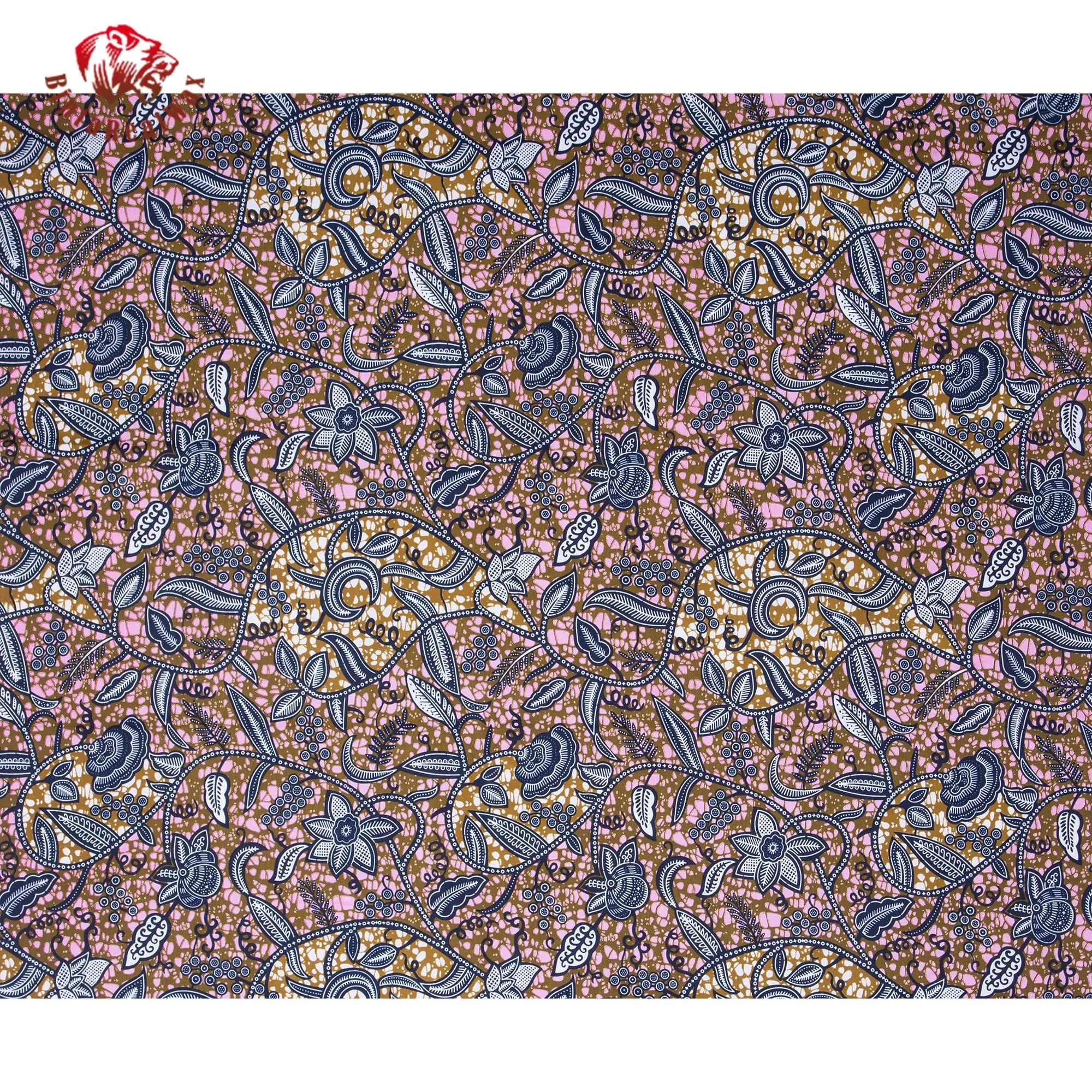 African Wax Print Fabric, Ethnic Floral Paisley Pattern, Brown Pink Blue Color Ankara Fabric for Dress Skirt Clothing FP6695 view 2