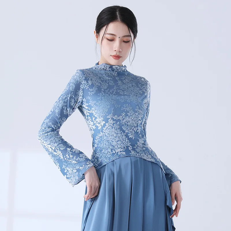 Classical Dance Temperament Flocking Jacquard Mesh Long sleeved High Neck Top Chinese Dance Modern Dance Practice Clothes