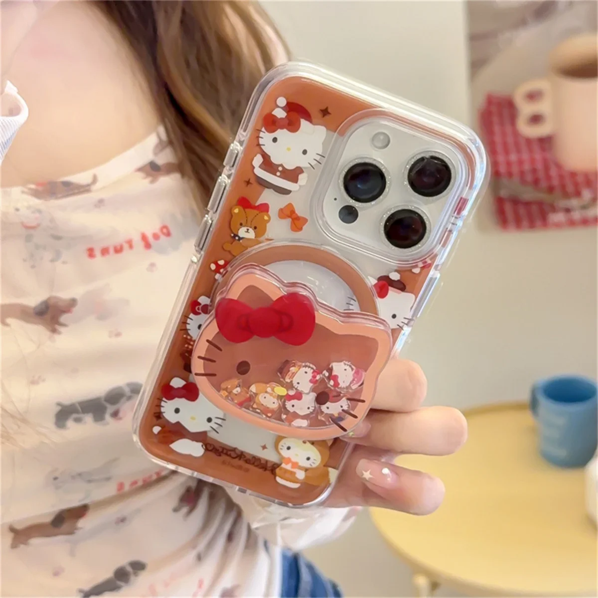 

Fashion Brown Hollow Hellokitty Magnetic Phone Case For iPhone 17 Pro 14 15 Pro Max 16 Cases with Stand Shockproof Cover