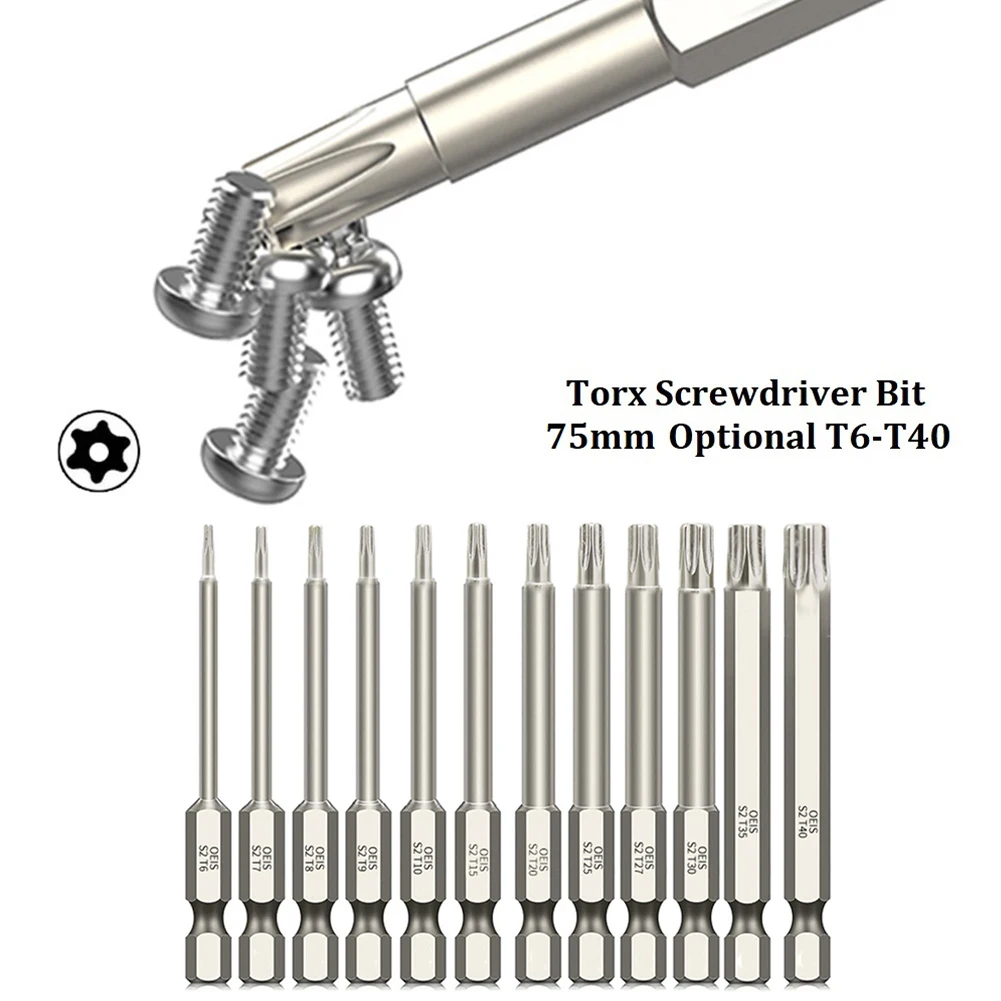 1Pc Torx Screwdriver Bit Set Long Magnetic Torx Electric Screwdriver Bits/T7/T8/T9/T10/T15/T20/T25/T27/T30/T40 75mm