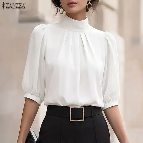ZANZEA Women Elegant OL Style Blouse Stand Collar Half Sleeve Office Wear Shirt Summer Casual Solid Color Pleated Tunic Tops