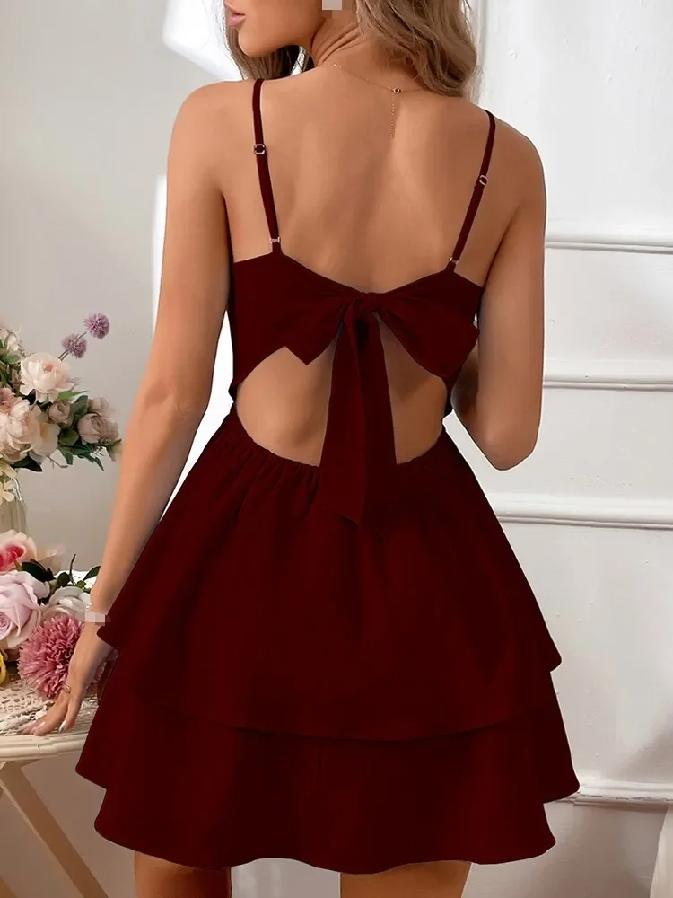 Vestido feminino de verão com babados, camada dupla, sem mangas, alça espaguete, vestido de festa, coquetel, costas nuas, laço, doce, linha a