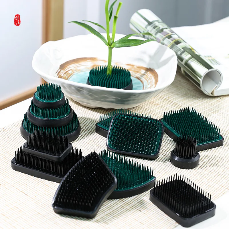 Japanese Style Florist Arrangement Tool, Black Green Kenzan Flower Art, Ohararu, Metal Fixture Base