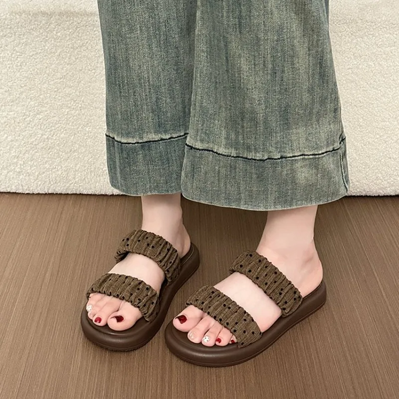 

Vintage Summer Women Open Toe Polka Dot Slippers Concise Slip On Soft Sole Flats Shoes Ladies Outdoor Beach Daily Walking Slides