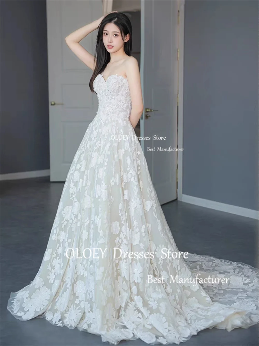 OLOEY Luxury Lace Ivory Wedding Dress Photoshoot Sweetheart Beads A Line Long Bridal Gown Corset Zip Back Custom Made